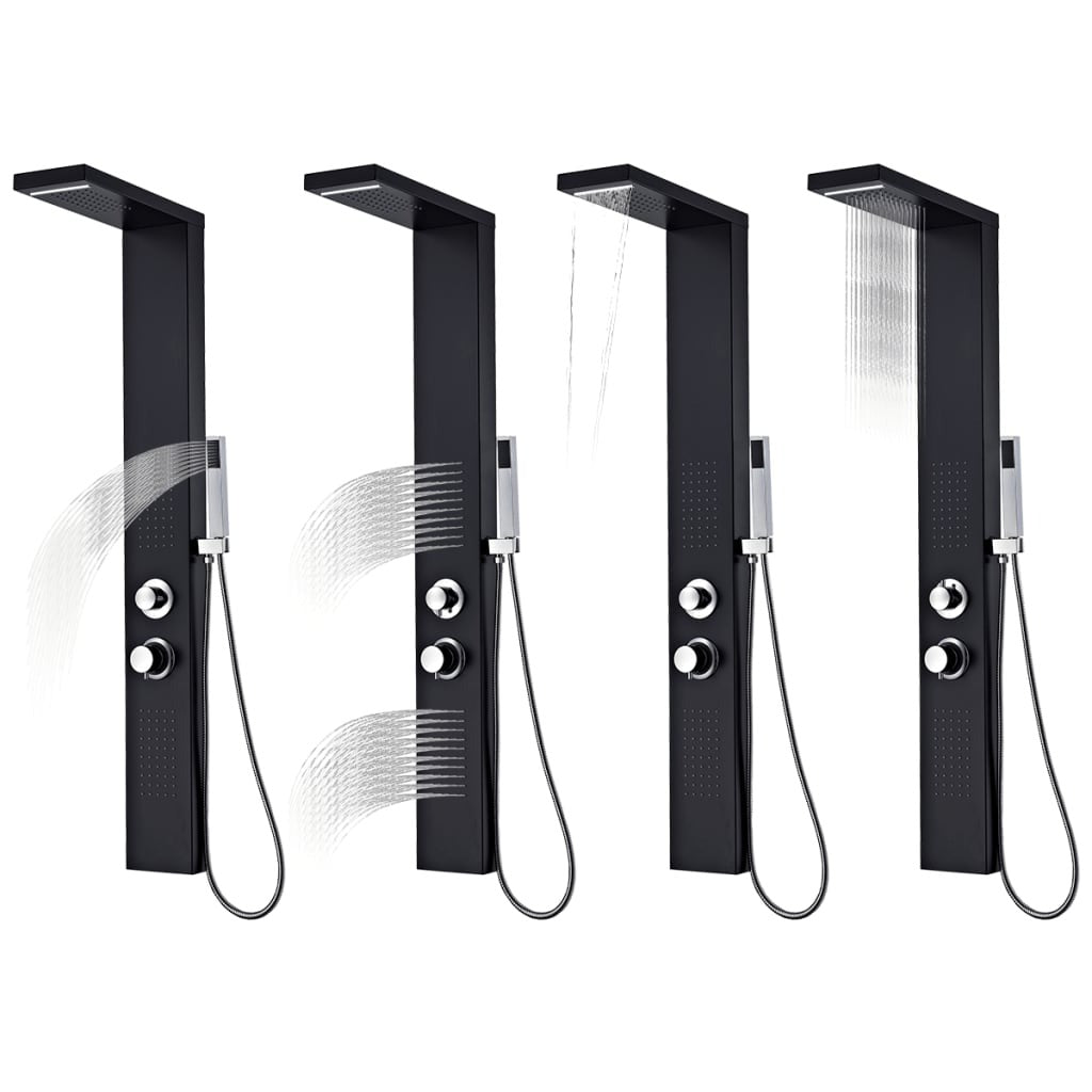 Matt black aluminium massage shower panel - rainfall head detail