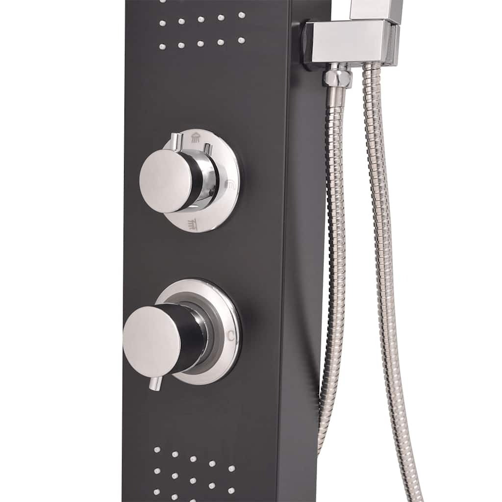 Matt black aluminium massage shower panel - finish and surface detail