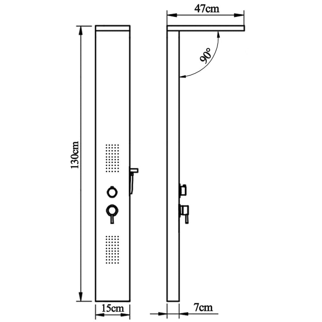 Matt black aluminium massage shower panel - dimensions and measurements