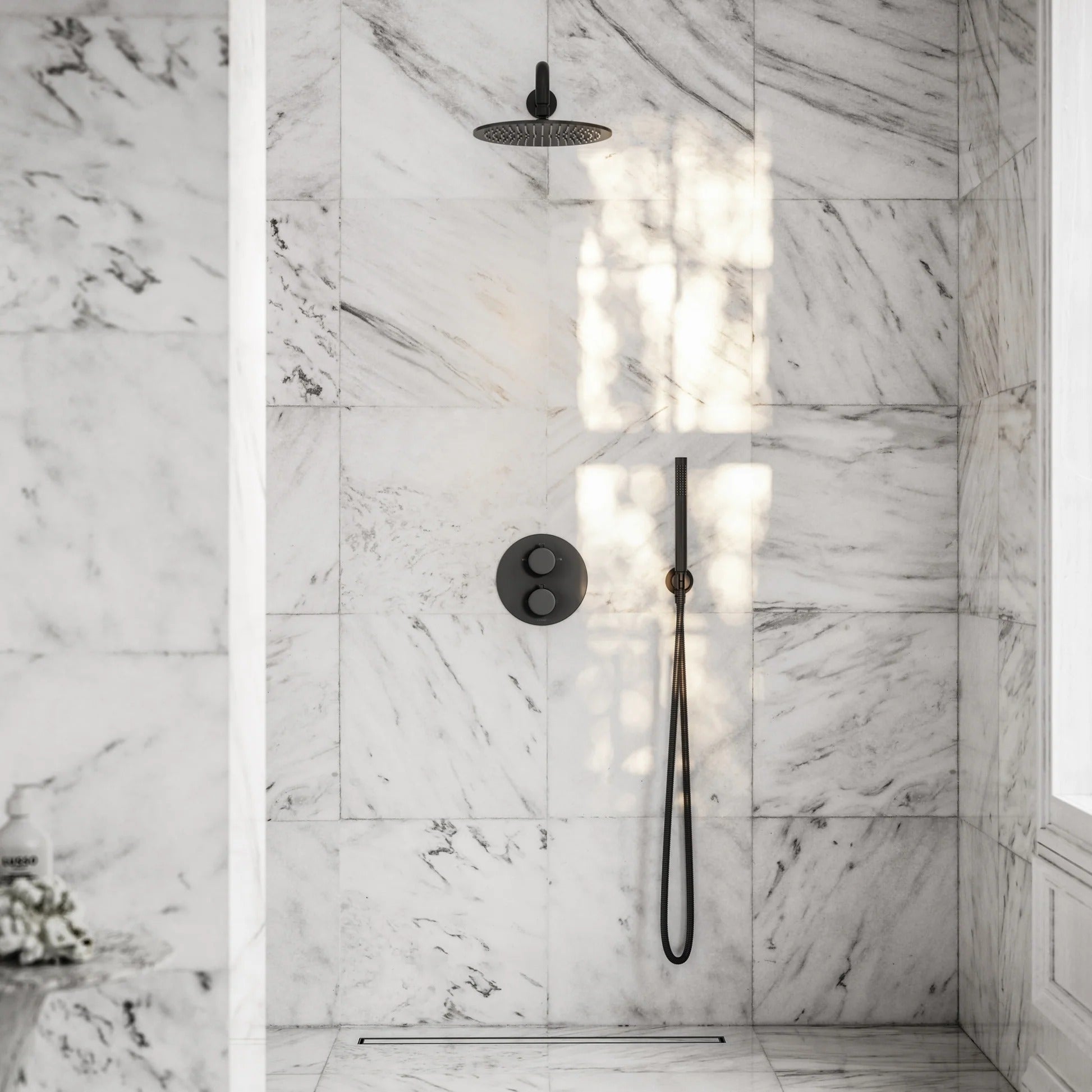 Matt black concealed shower valve kit - rainfall head detail