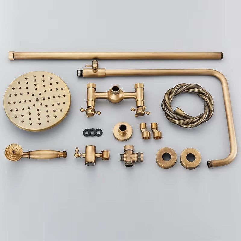 Antique brass shower column with fixed head and shelf - fitted in a modern bathroom