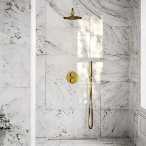 Brushed gold concealed shower valve kit - rainfall head detail