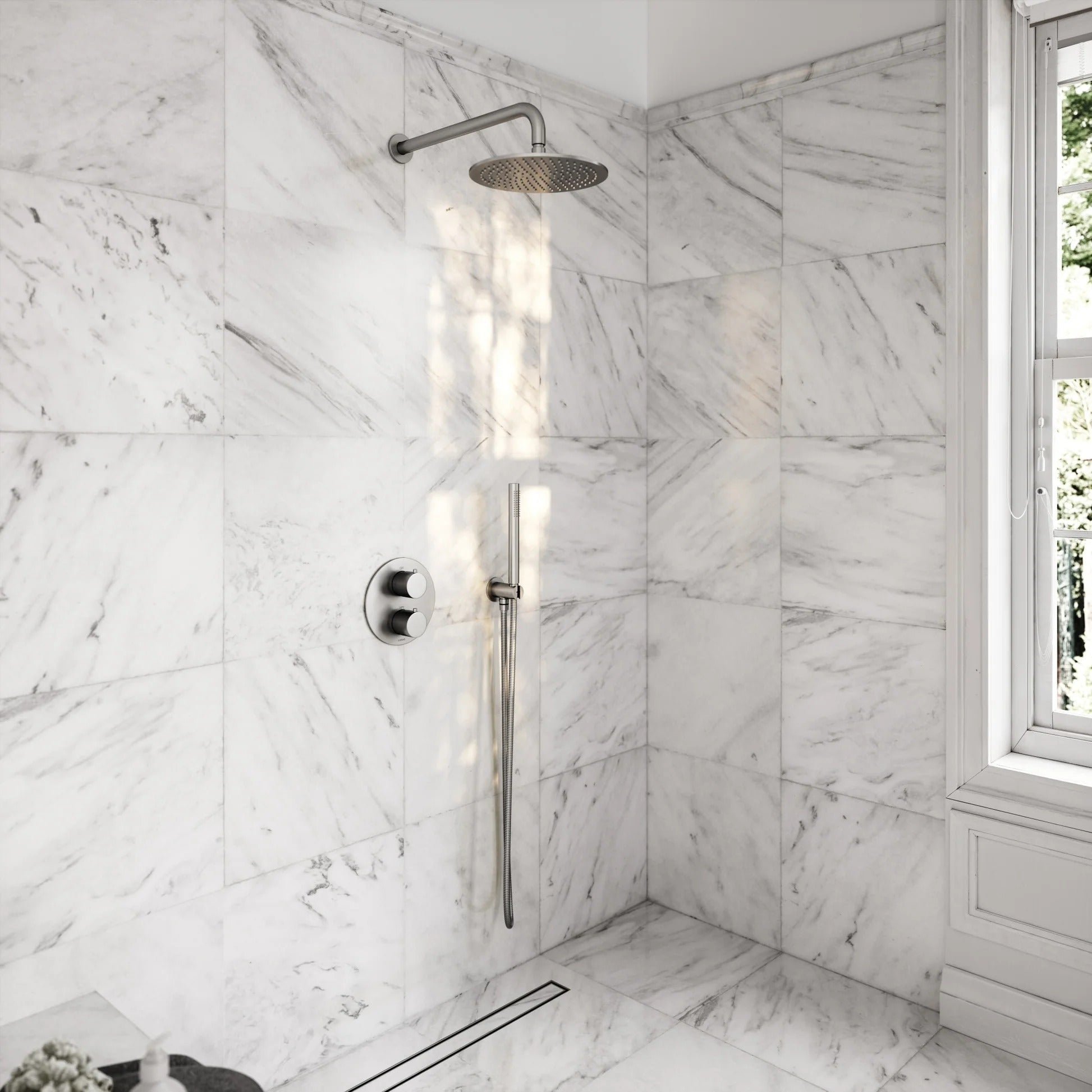 Polished chrome concealed shower valve kit - rainfall head detail