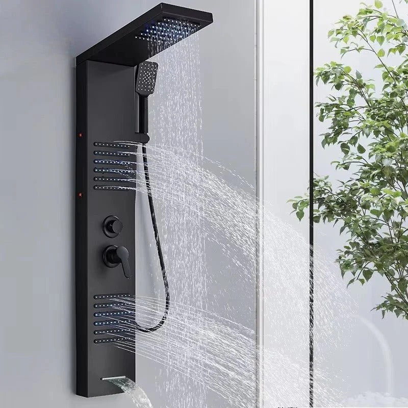 Matt black massage shower panel with hydro LED - rainfall head detail