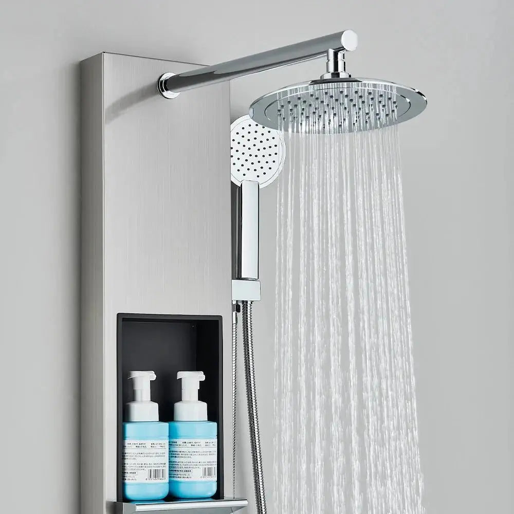 Brushed grey massage shower panel with body jets - rainfall head detail