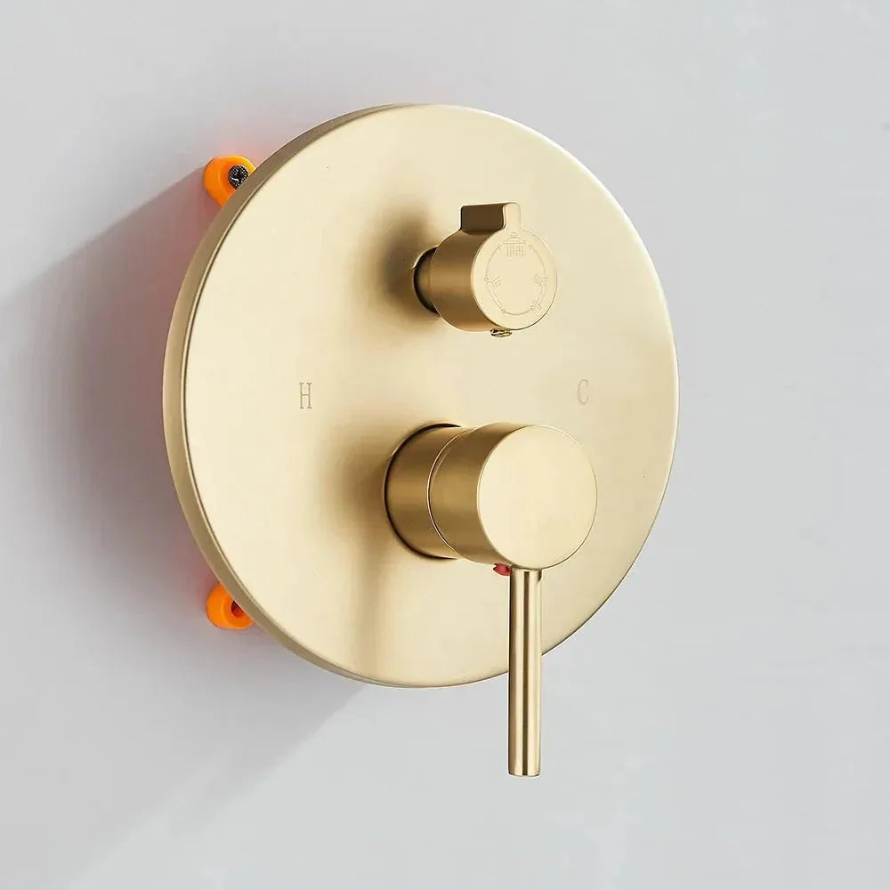 Brushed gold concealed shower valve set - fitted in a modern bathroom
