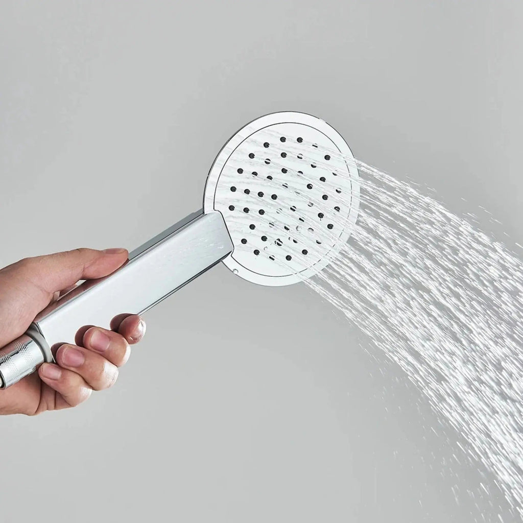 Brushed grey massage shower panel with body jets - fitted in a modern bathroom