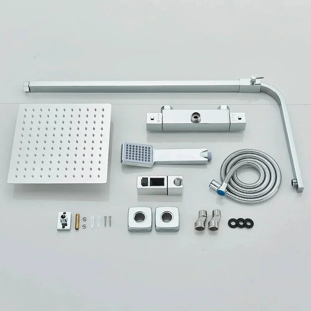 Polished chrome thermostatic shower column with square head - finish and surface detail