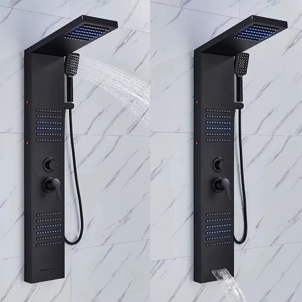 Matt black massage shower panel with hydro LED - mixer and controls close-up