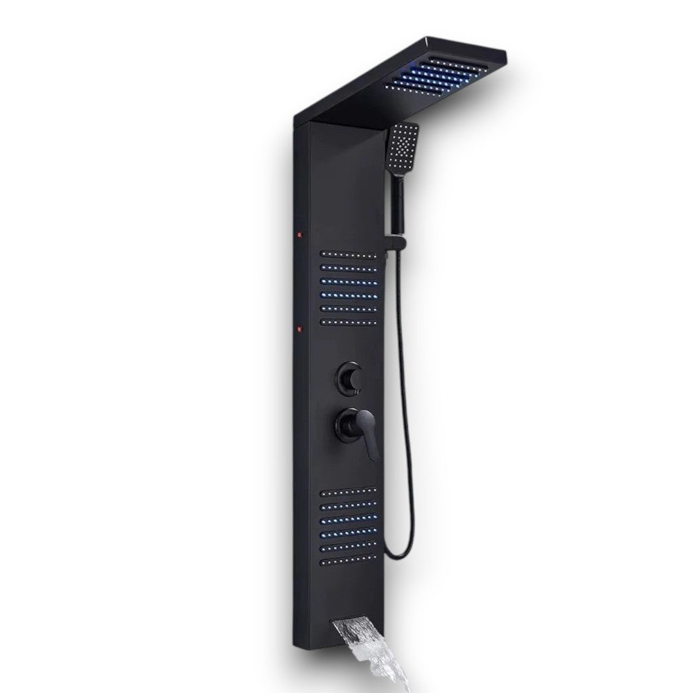 Matt black massage shower panel with hydro LED