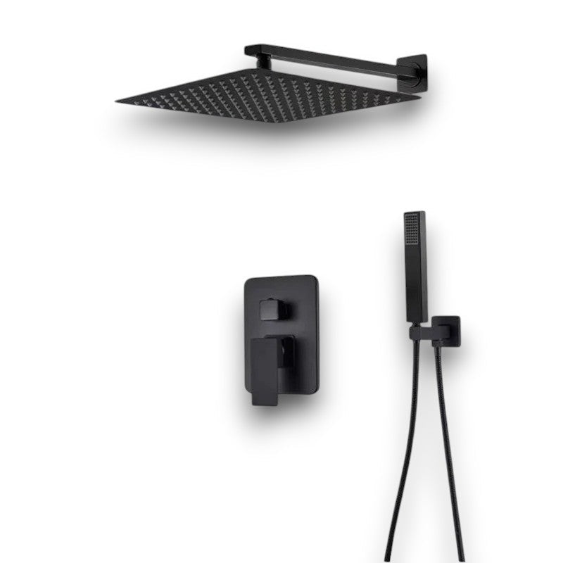 Matt black concealed shower system with rain head