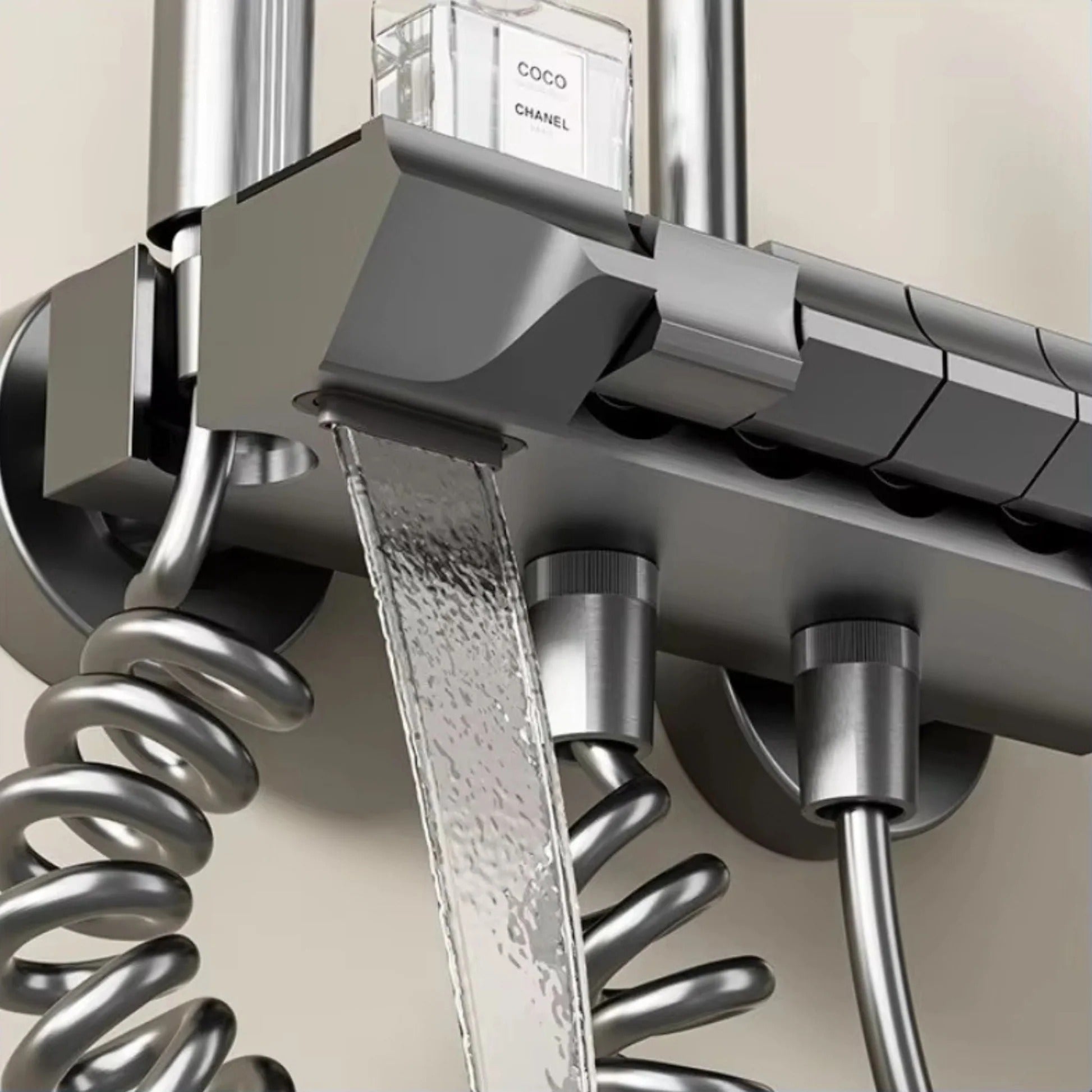 Brushed grey thermostatic shower column with digital display - hand shower and hose