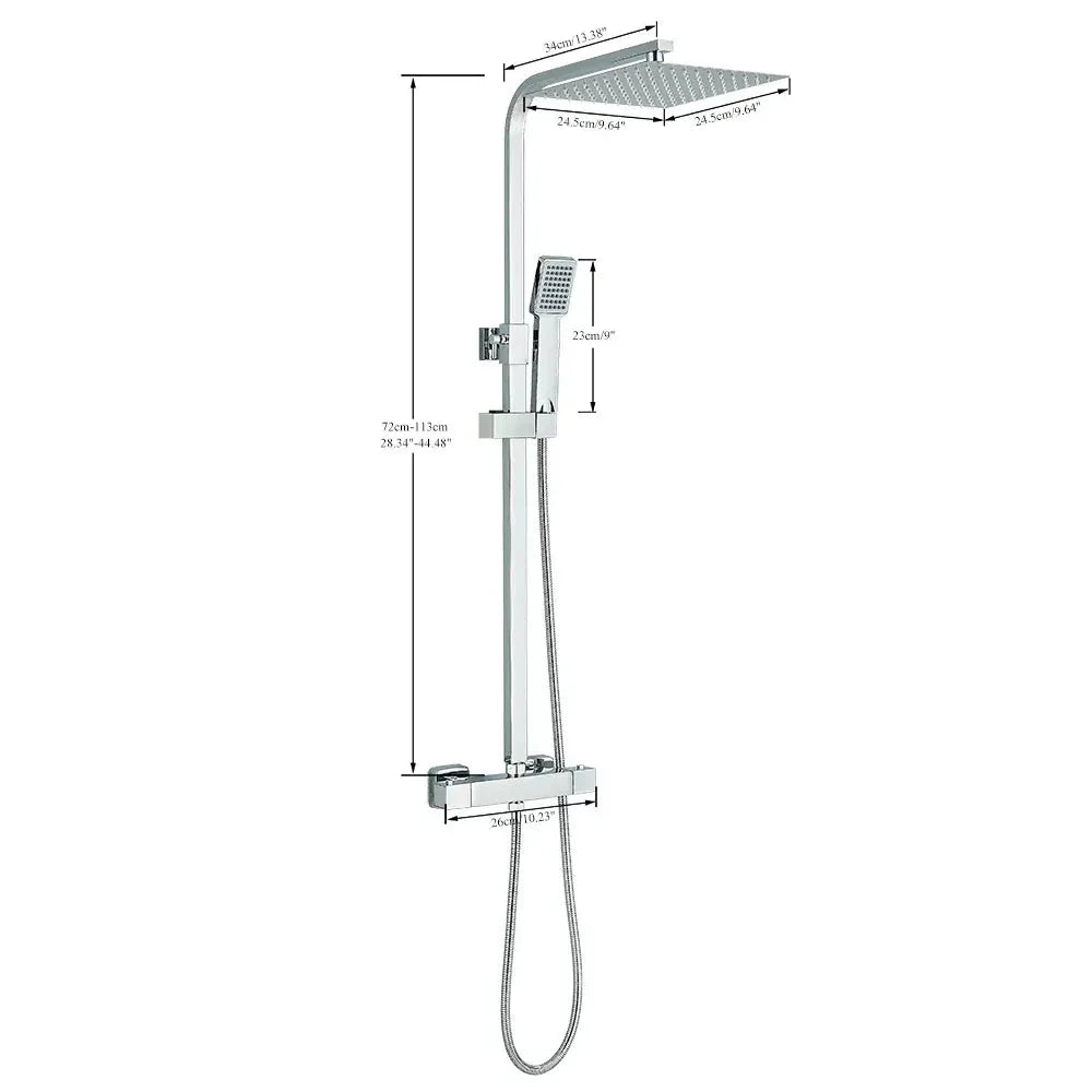 Polished chrome thermostatic shower column with square head - dimensions and measurements