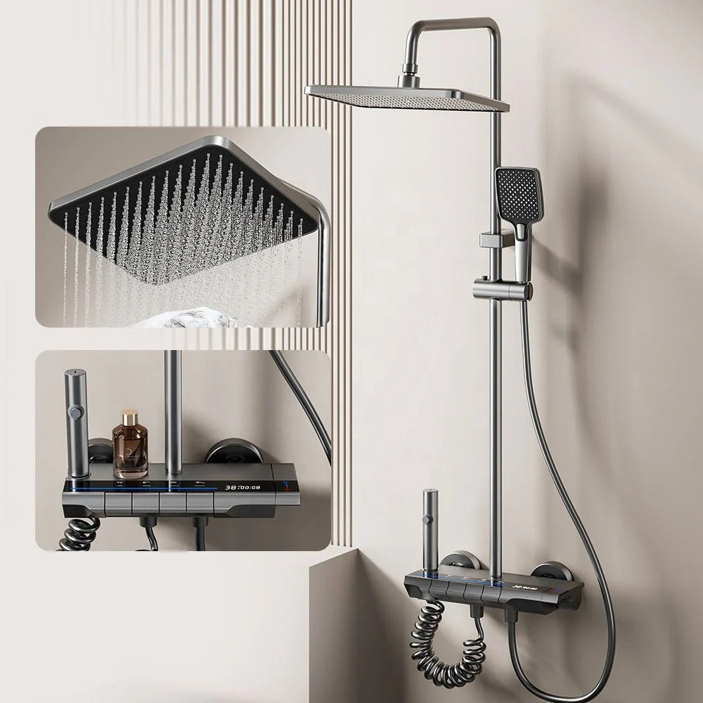 Brushed grey thermostatic shower column with digital display - fitted in a modern bathroom