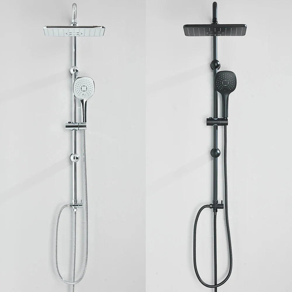 Matt black shower riser set with rain head - mixer and controls close-up