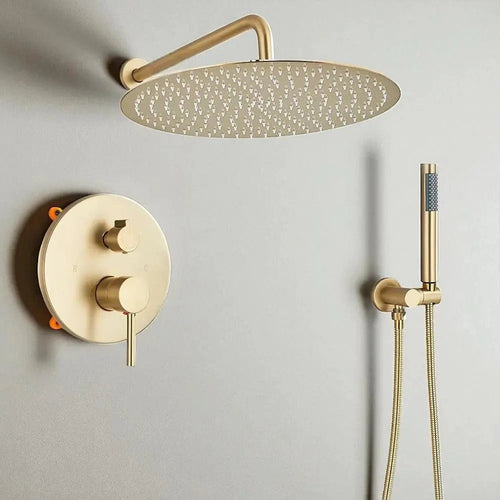 Brushed gold concealed shower valve set - rainfall head detail