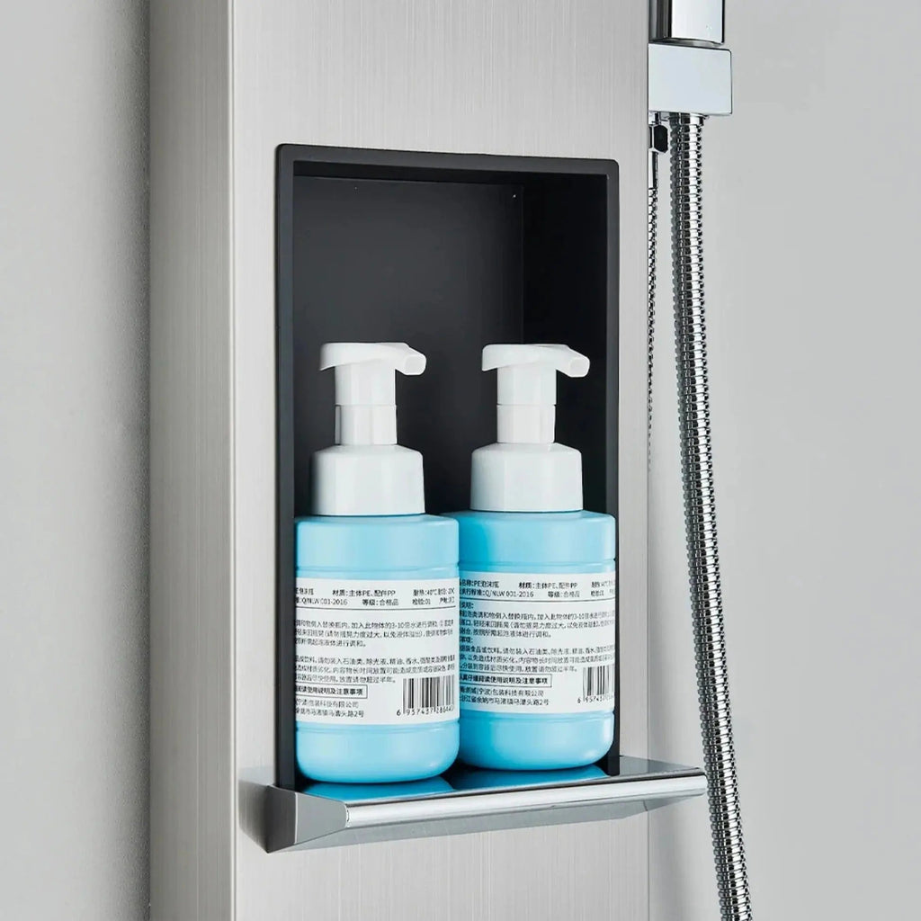 Brushed grey massage shower panel with body jets - mixer and controls close-up