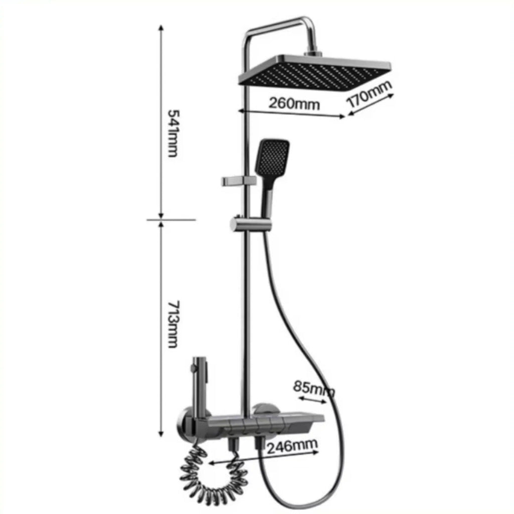 Brushed grey thermostatic shower column with digital display - side profile view