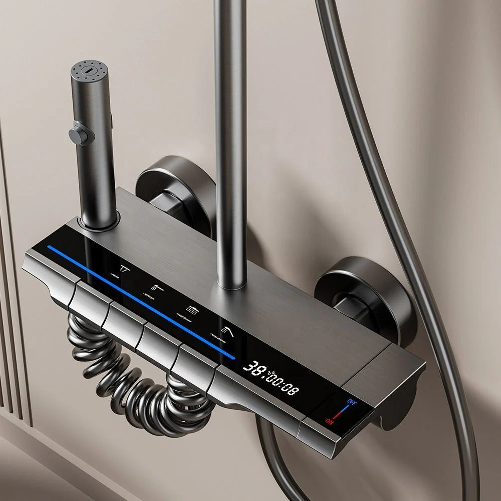 Brushed grey thermostatic shower column with digital display - mixer and controls close-up