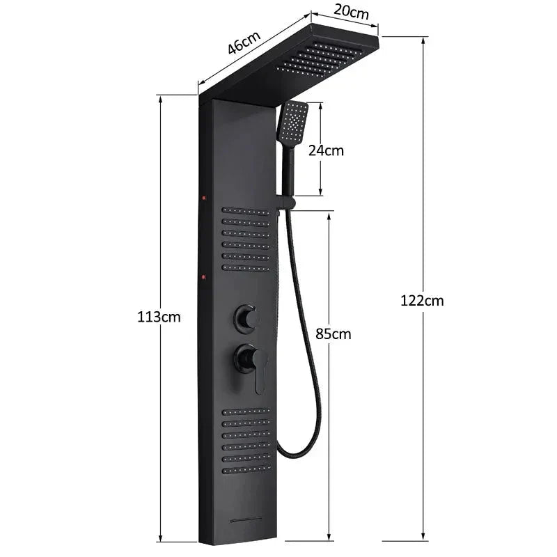 Matt black massage shower panel with hydro LED - fitted in a modern bathroom