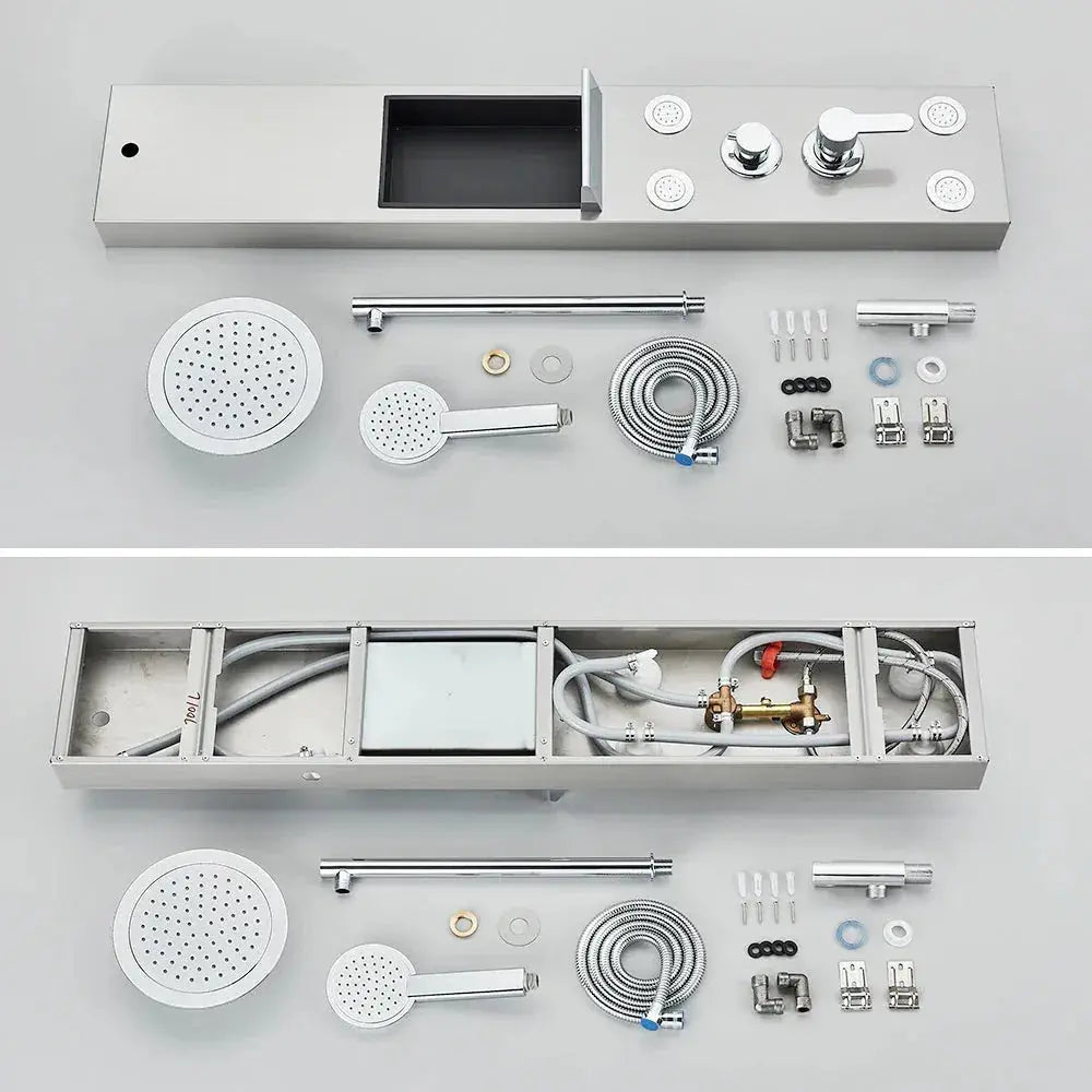 Brushed grey massage shower panel with body jets - finish and surface detail