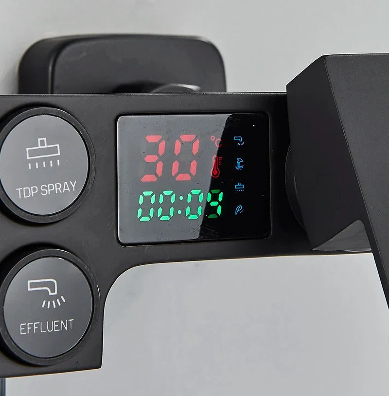 Matt black thermostatic shower column with LCD display - rainfall head detail