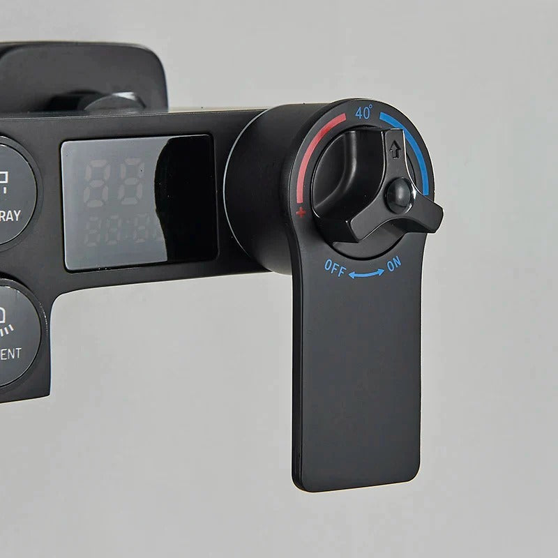 Matt black thermostatic shower column with LCD display - hand shower and hose
