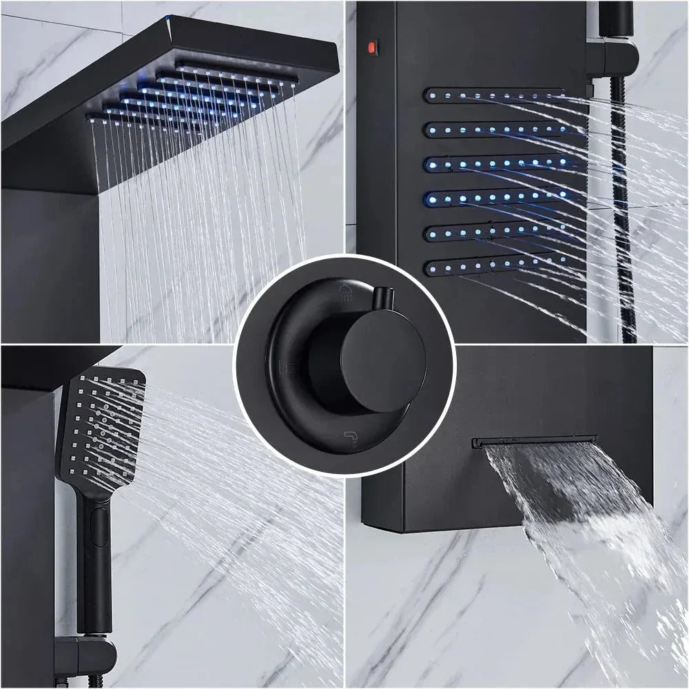 Matt black massage shower panel with hydro LED - hand shower and hose