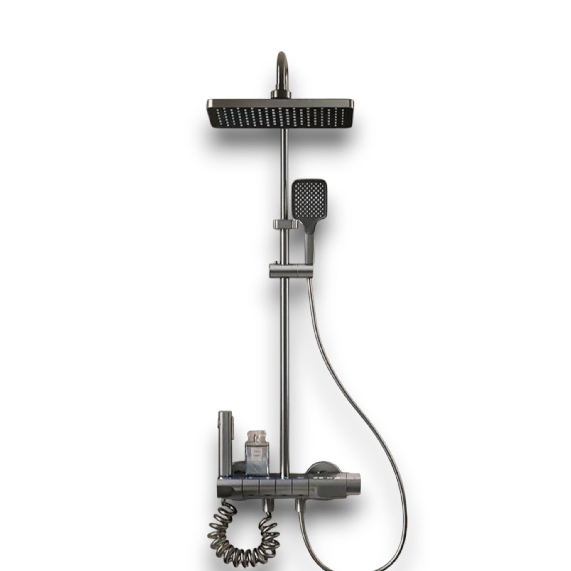 Brushed grey thermostatic shower column with digital display