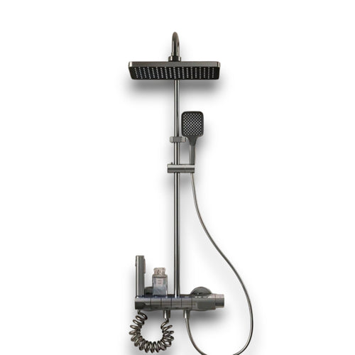 Brushed grey thermostatic shower column with digital display