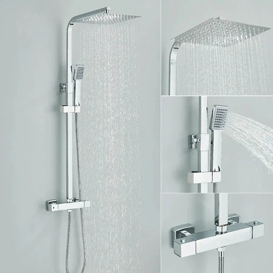 Polished chrome thermostatic shower column with square head - rainfall head detail