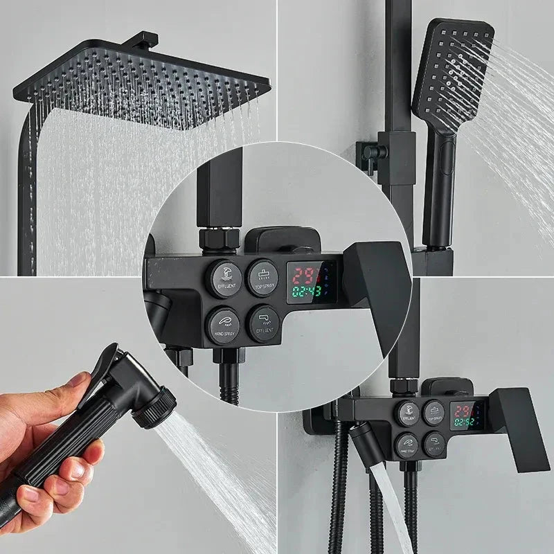Matt black thermostatic shower column with LCD display - mixer and controls close-up