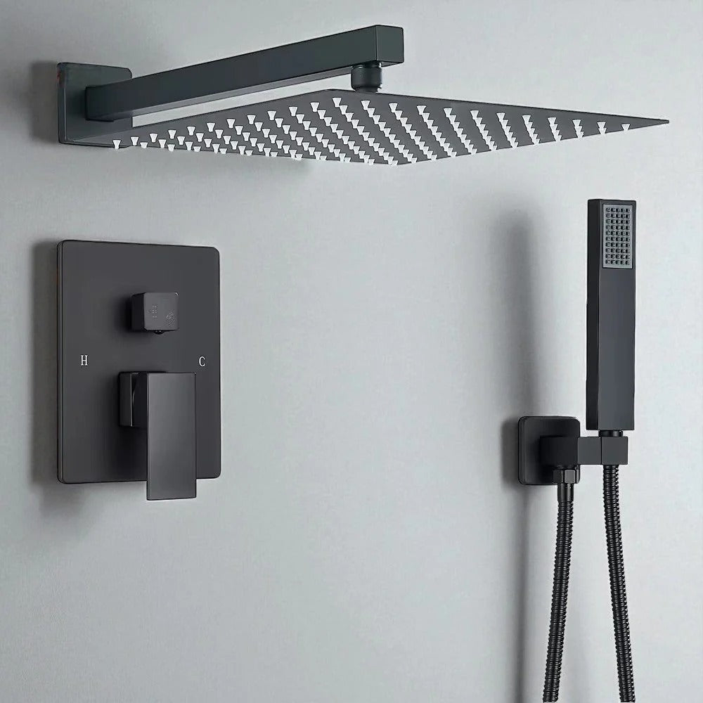 Matt black concealed shower system with rain head - rainfall head detail