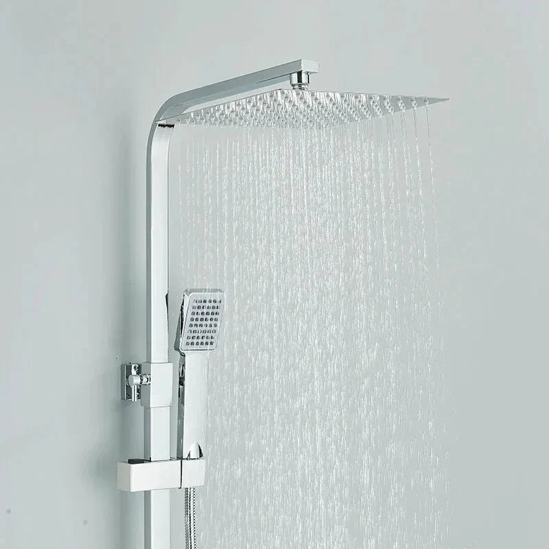Polished chrome thermostatic shower column with square head - hand shower and hose