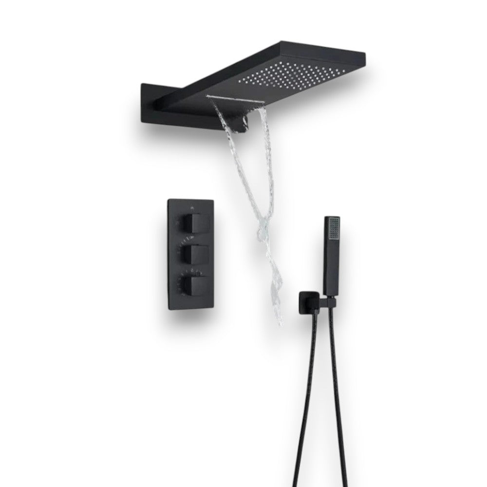 Concealed shower system with rain and waterfall head