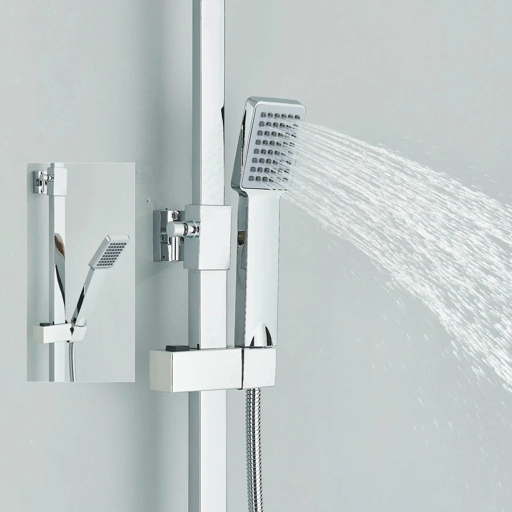 Polished chrome thermostatic shower column with square head - mixer and controls close-up