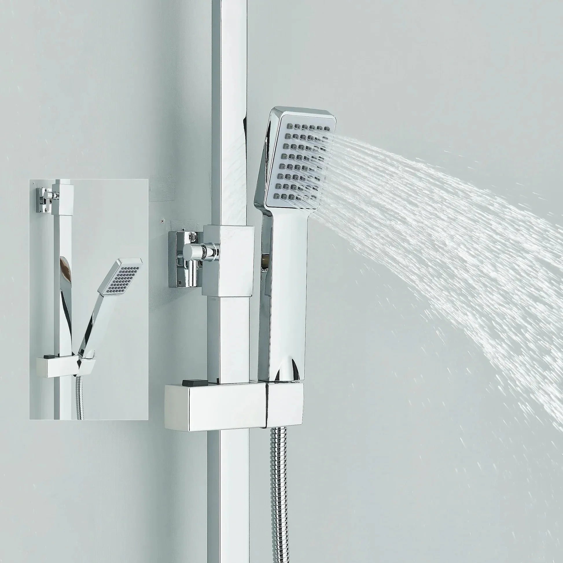 Polished chrome thermostatic shower column with square head - mixer and controls close-up
