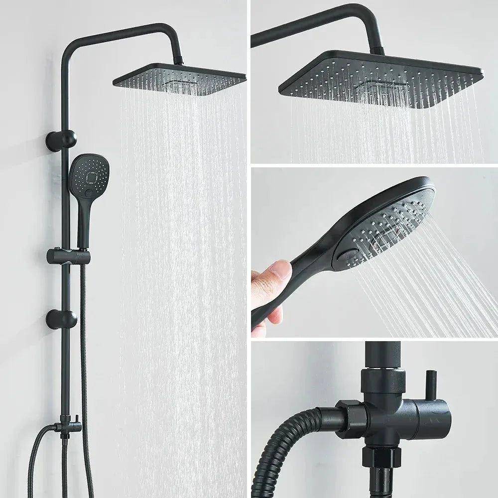 Matt black shower riser set with rain head - rainfall head detail