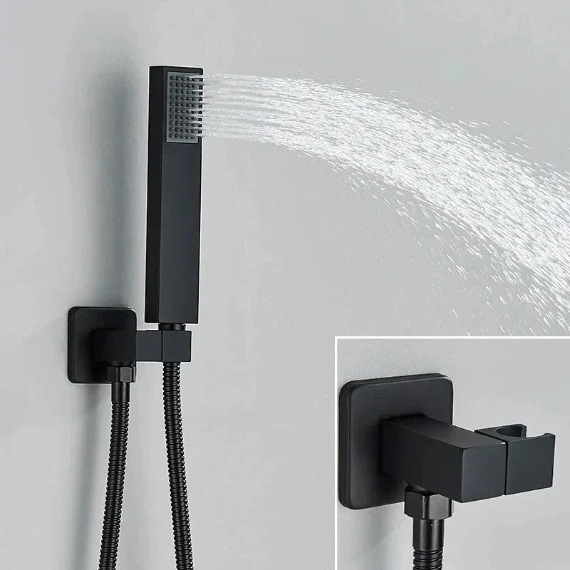 Matt black concealed shower system with rain head - mixer and controls close-up