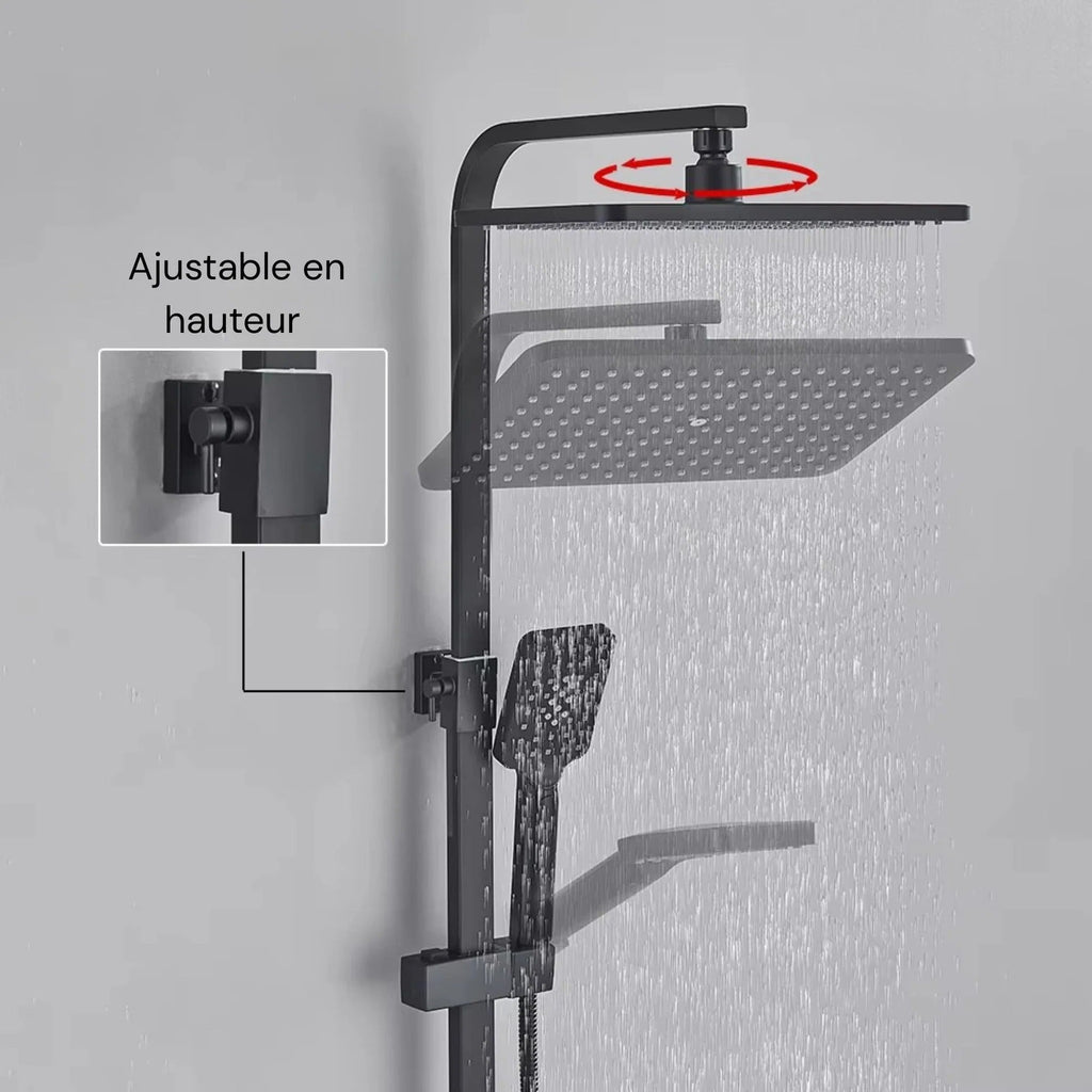 Matt black thermostatic shower column with LCD display - fitted in a modern bathroom