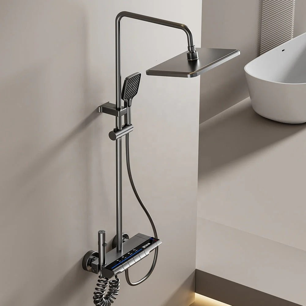 Brushed grey thermostatic shower column with digital display - rainfall head detail