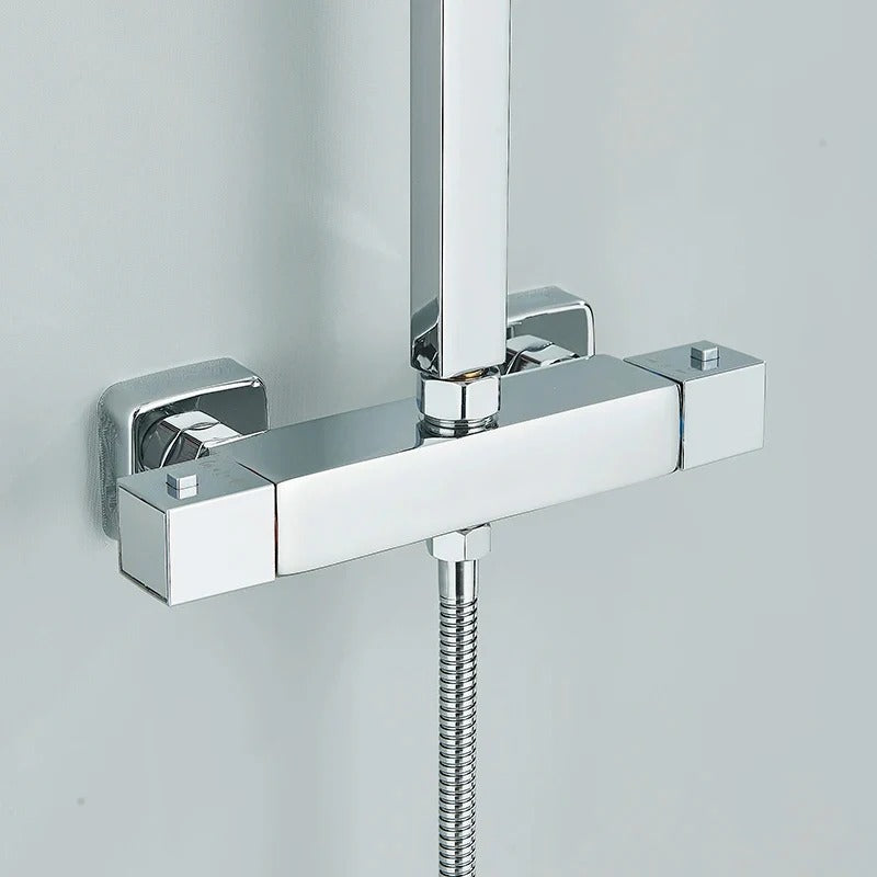 Polished chrome thermostatic shower column with square head - fitted in a modern bathroom
