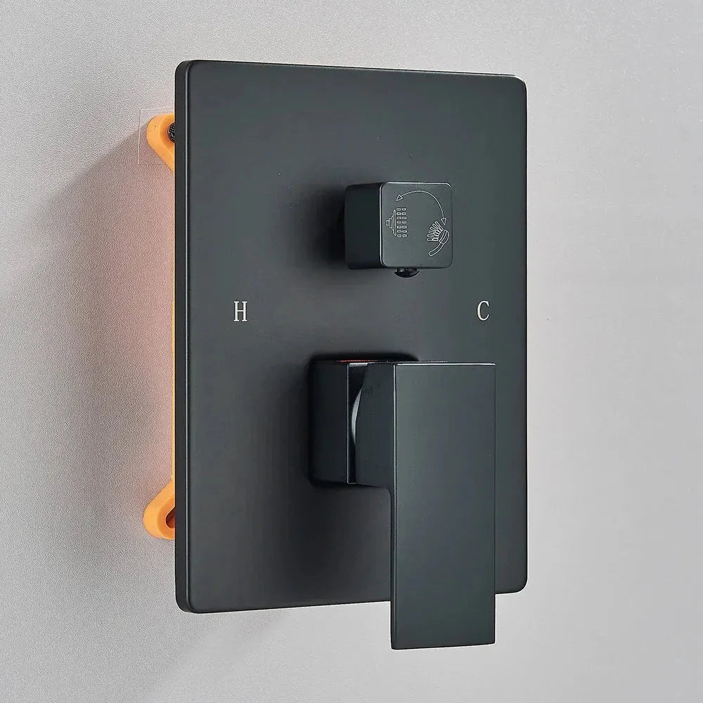 Matt black concealed shower system with rain head - hand shower and hose