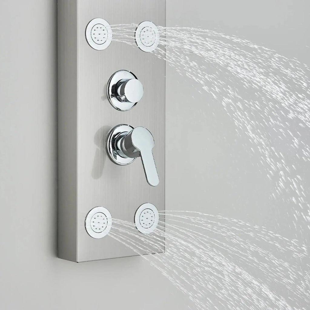 Brushed grey massage shower panel with body jets - hand shower and hose