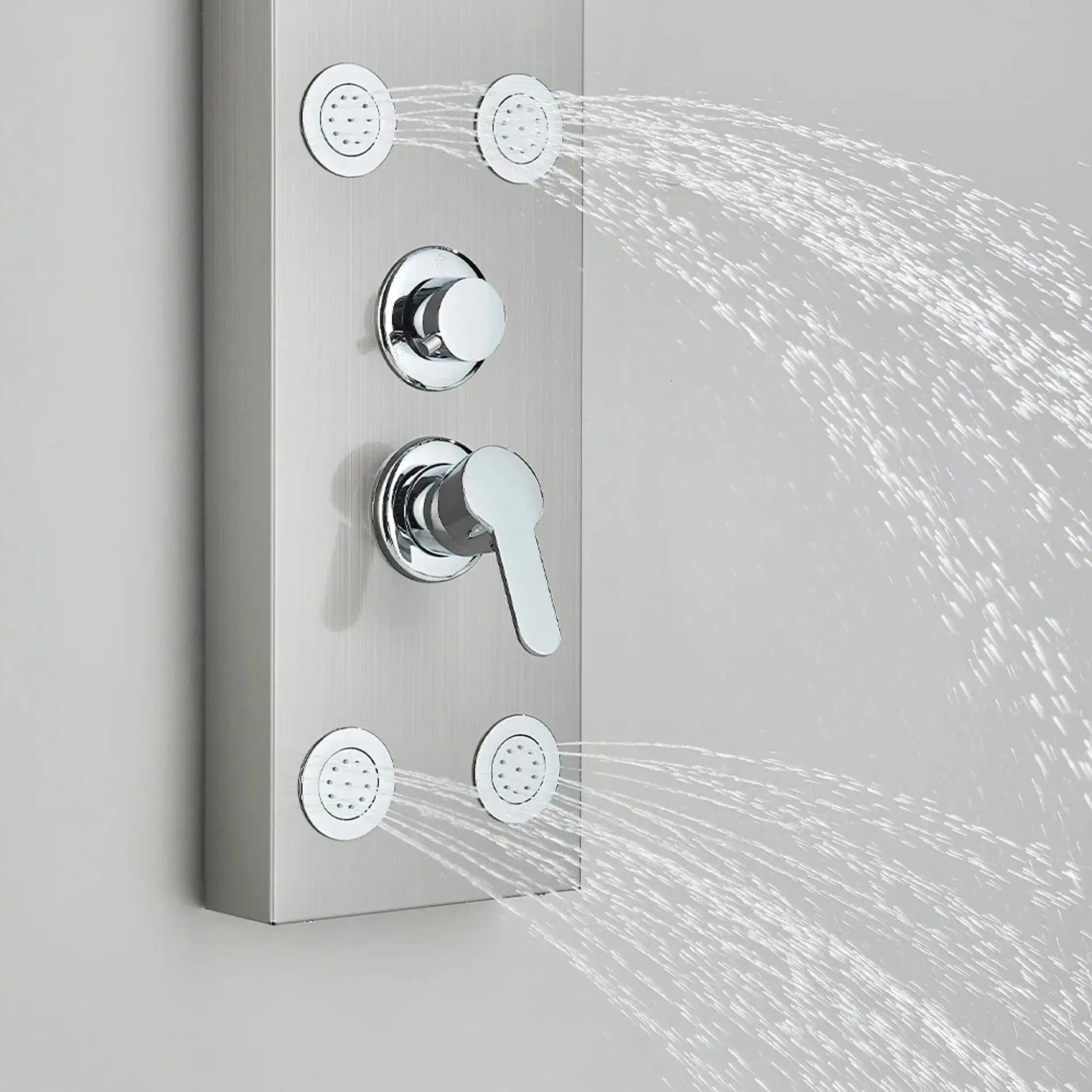 Brushed grey massage shower panel with body jets - hand shower and hose