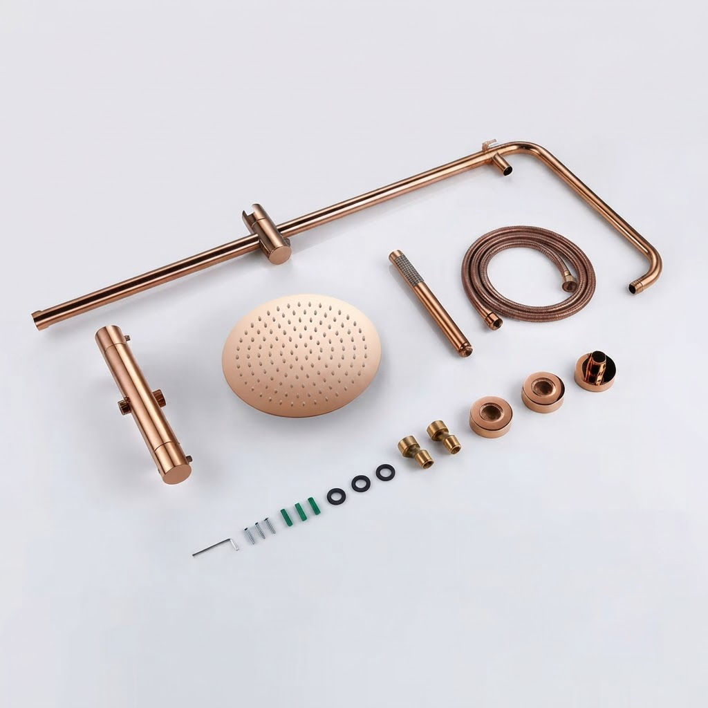 Brushed rose gold thermostatic shower column - dimensions and measurements