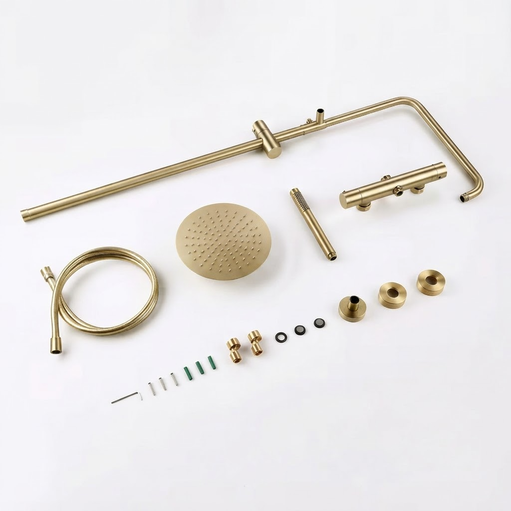 Brushed gold thermostatic shower column - side profile view