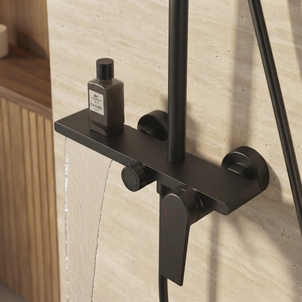 Matt black thermostatic shower column with shelf - mixer and controls close-up