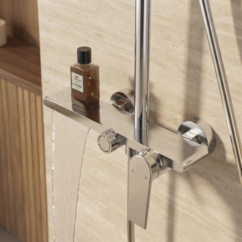 Polished chrome thermostatic shower column with shelf - hand shower and hose