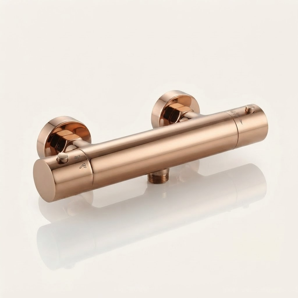 Brushed rose gold thermostatic shower column - finish and surface detail
